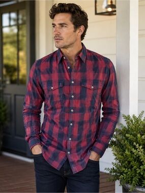 Thomas Pink Red Blue Buffalo Plaid Cotton Button Down Shirt Medium
